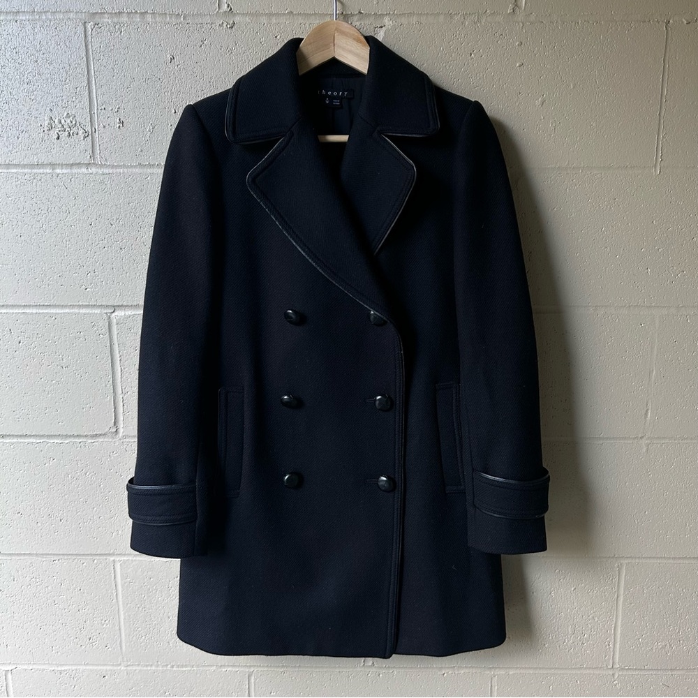 Theory Black Wool Double Breast Pea Coat